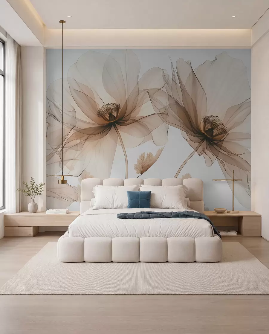 wall murals Деликатни провидни цвет у рендгенском стилу на белој позадини Минималистички једнобојни ботанички дизајн w01482