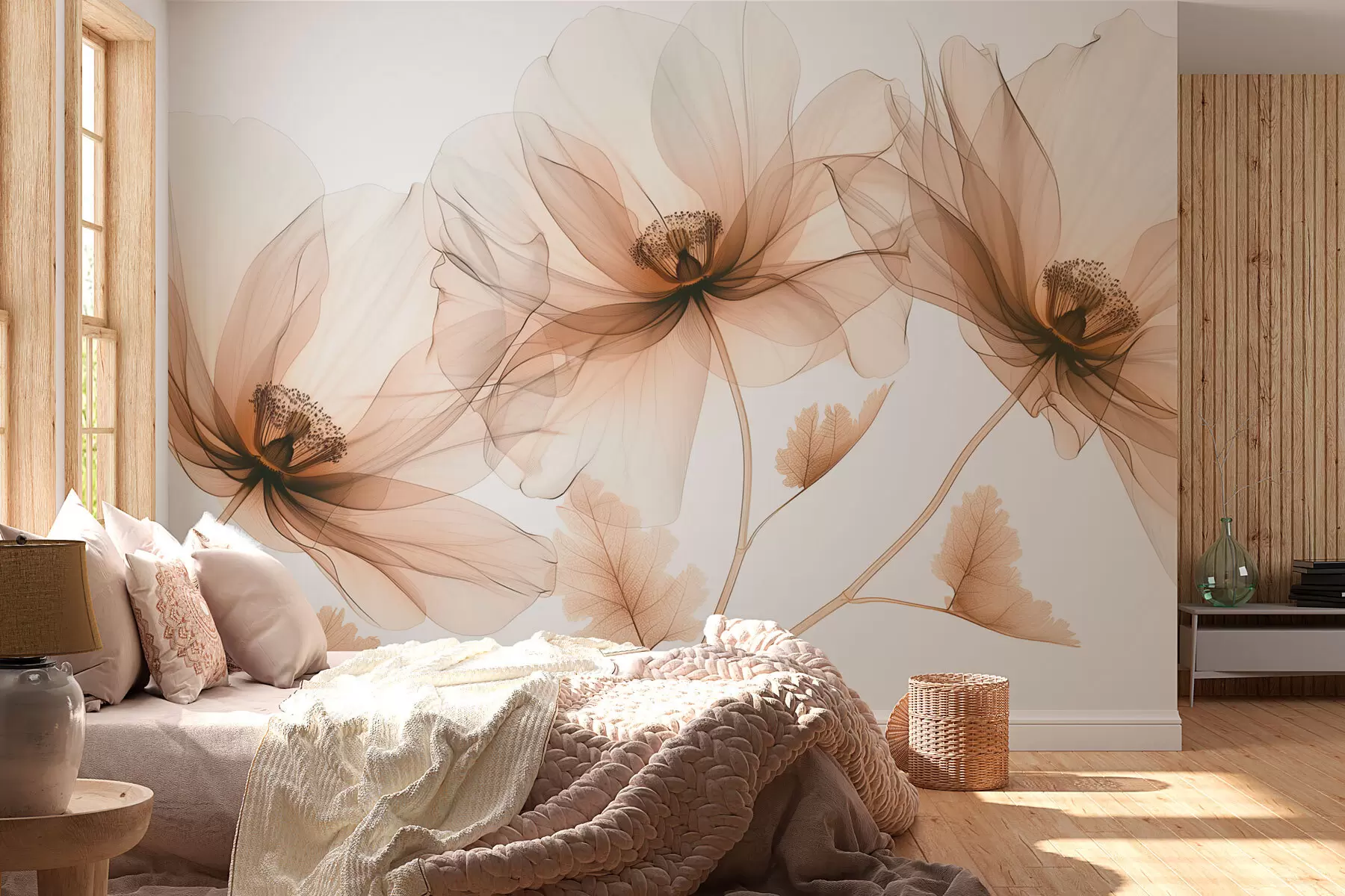 wall murals Деликатни провидни цвет у рендгенском стилу на белој позадини Минималистички једнобојни ботанички дизајн w01482