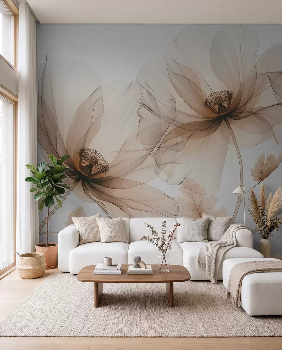 wall murals Деликатни провидни цвет у рендгенском стилу на белој позадини Минималистички једнобојни ботанички дизајн w01482