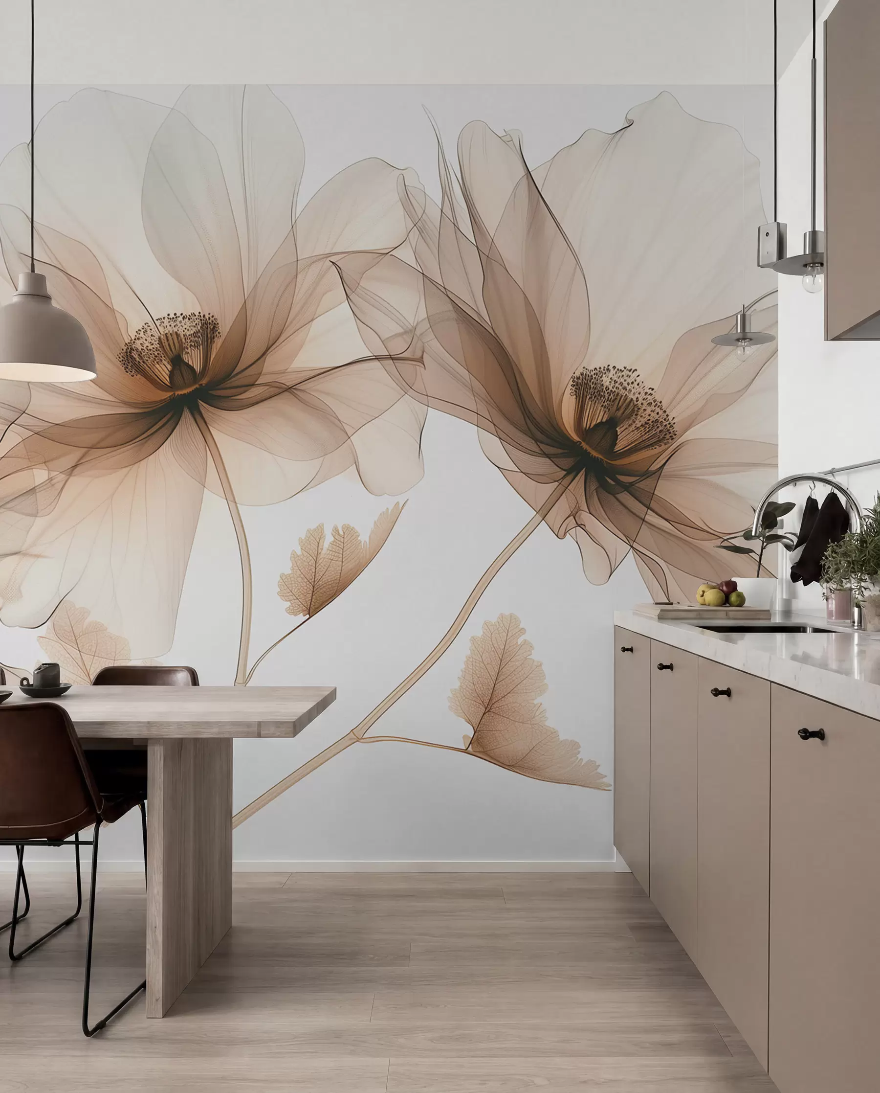 wall murals Деликатни провидни цвет у рендгенском стилу на белој позадини Минималистички једнобојни ботанички дизајн w01482