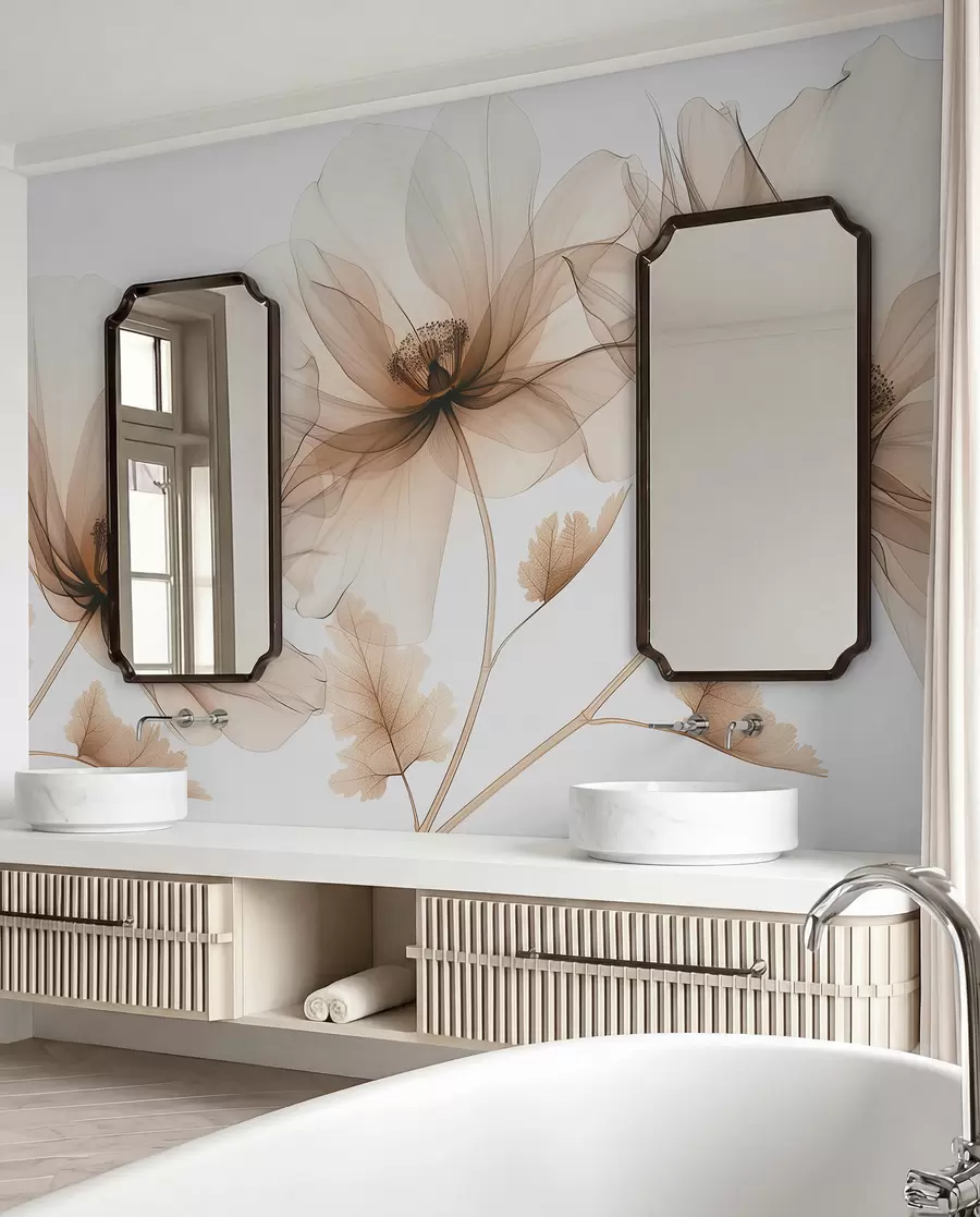 wall murals Деликатни провидни цвет у рендгенском стилу на белој позадини Минималистички једнобојни ботанички дизајн w01482