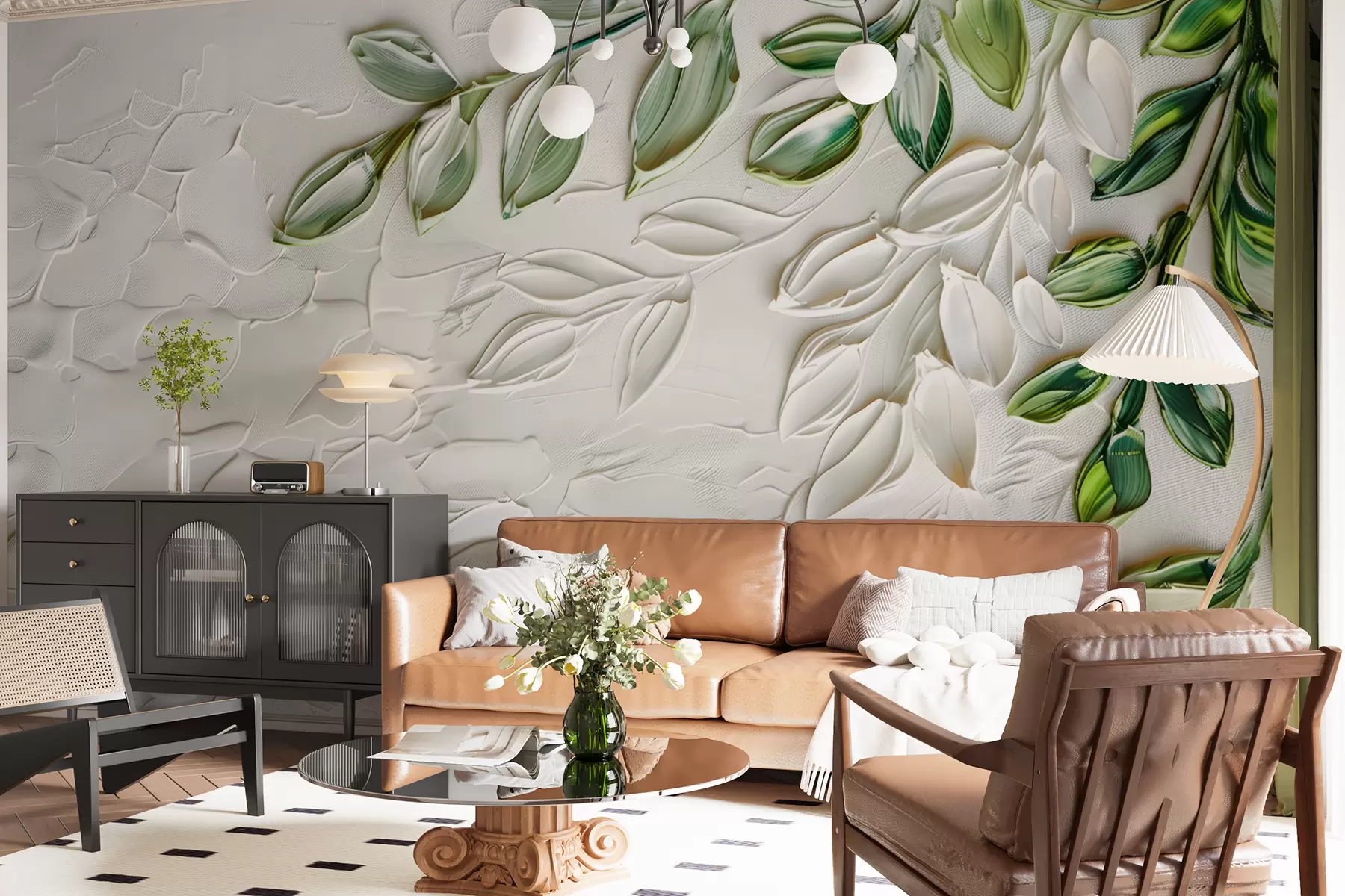wall murals 3д слика уља са зеленом граном на белој позадини, минималистички дизајн у бохо стилу w01470