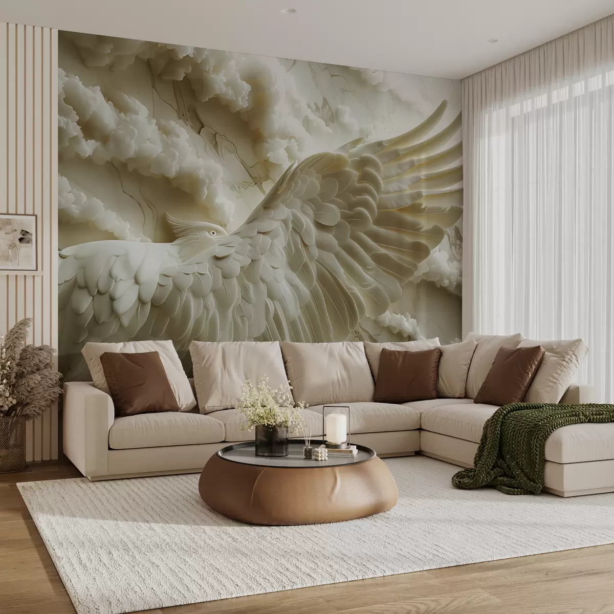 wall murals 3Д летећи бели орао на позадини облака и мермера w01476