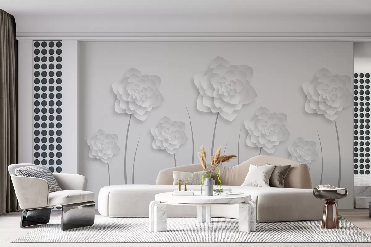 wall murals Велики цветови са имитацијом волумена у папирном стилу на светлосивој позадини са сивим стабљиком w01021