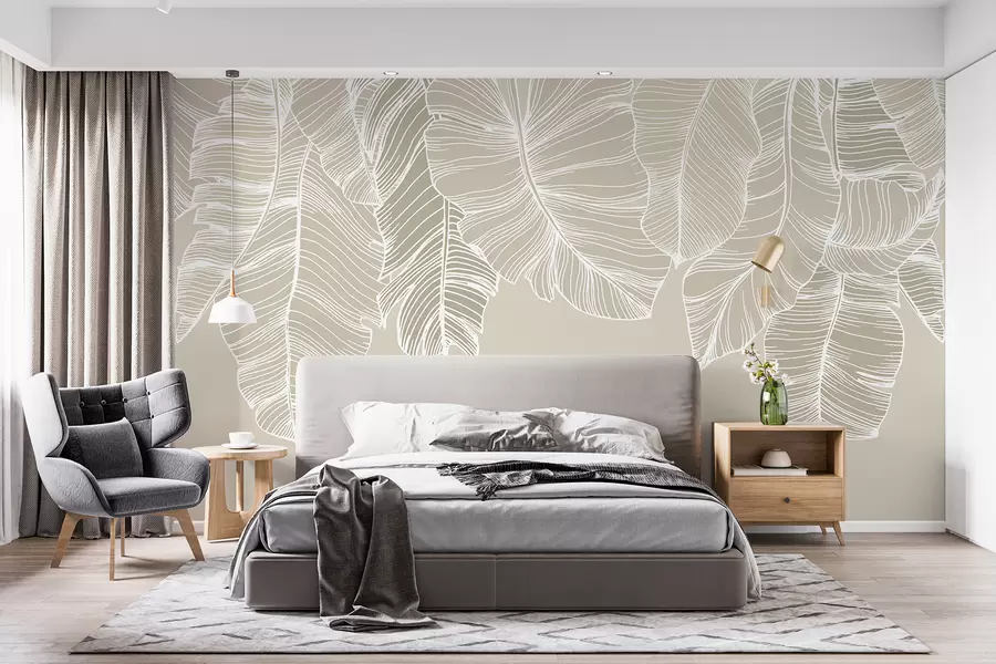 wall murals Бели тропски цветни листови са светло беж позадином, минималистички уметнички дизајн w08235