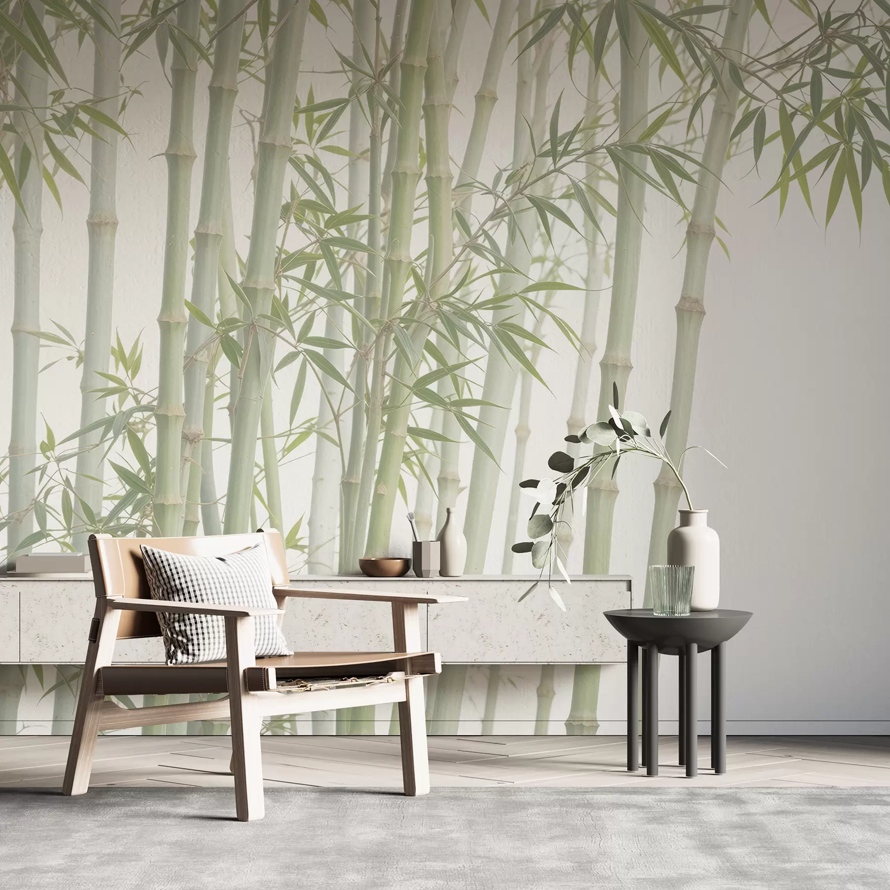 wall murals Густа бамбусова шума са високим бамбусовим стабљикама и зеленим лишћем на мекој, магловитој позадини w08237