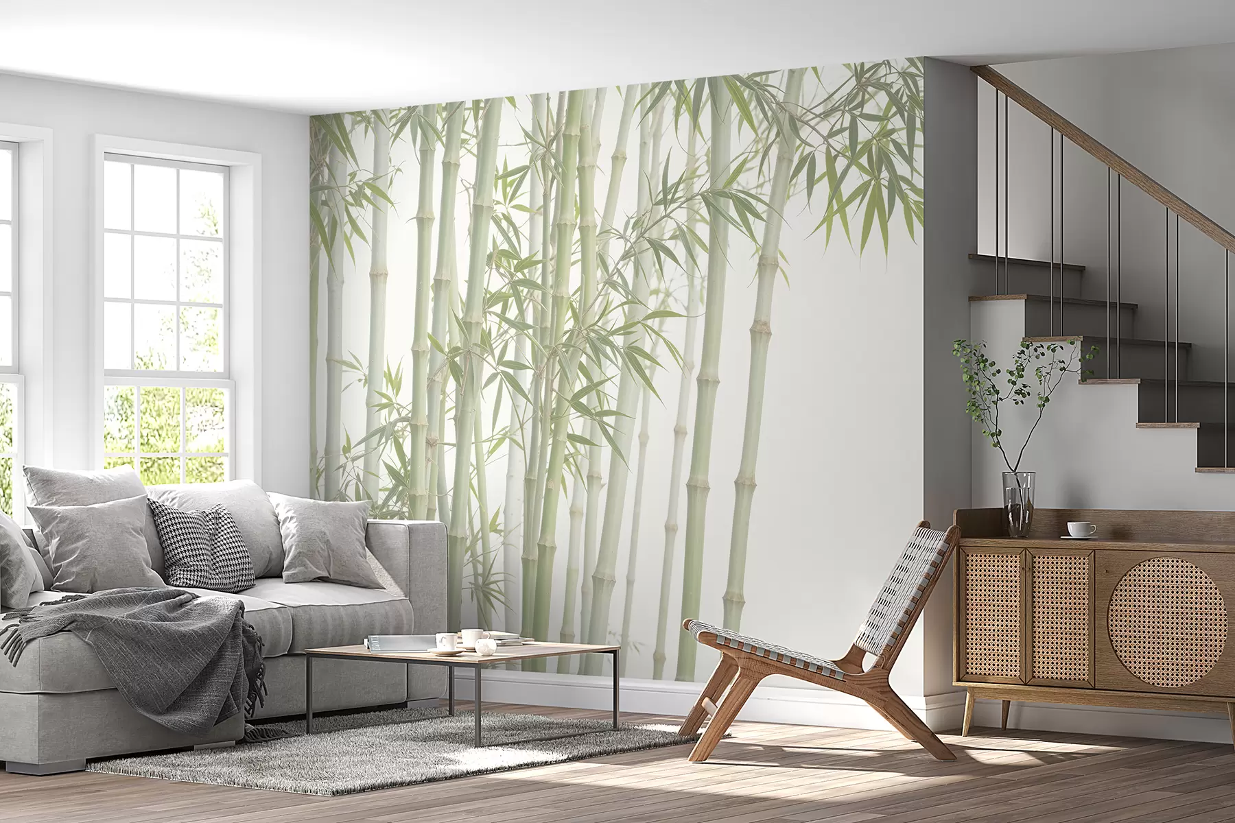 wall murals Густа бамбусова шума са високим бамбусовим стабљикама и зеленим лишћем на мекој, магловитој позадини w08237
