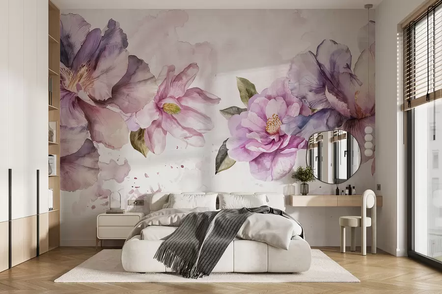 wall murals Нежно розе и љубичасто акварел цвеће са меким латицама и зеленим листовима на светлој позадини w08238