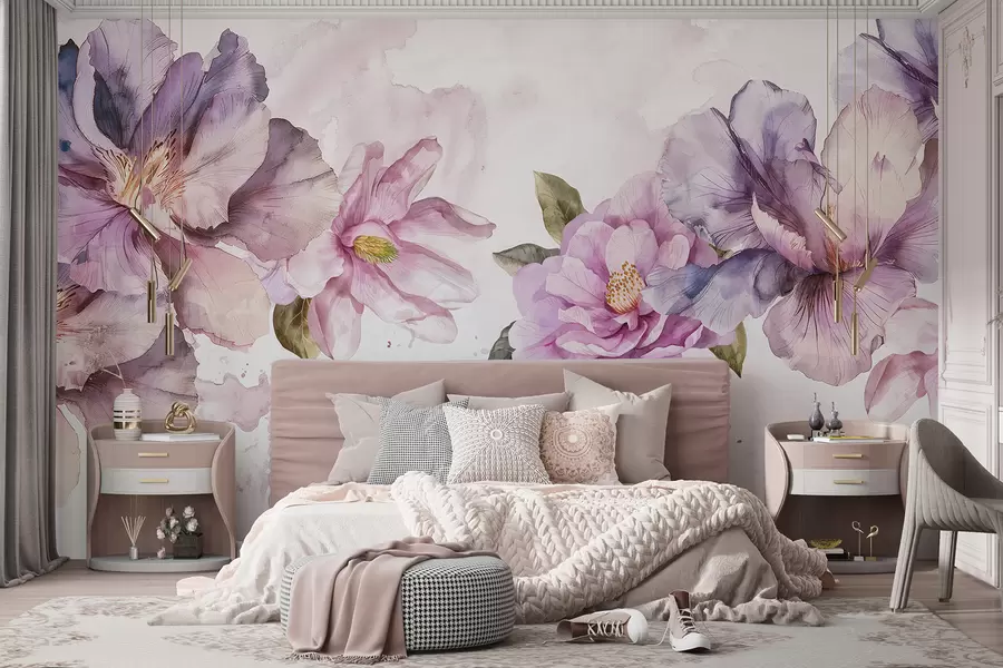 wall murals Нежно розе и љубичасто акварел цвеће са меким латицама и зеленим листовима на светлој позадини w08238
