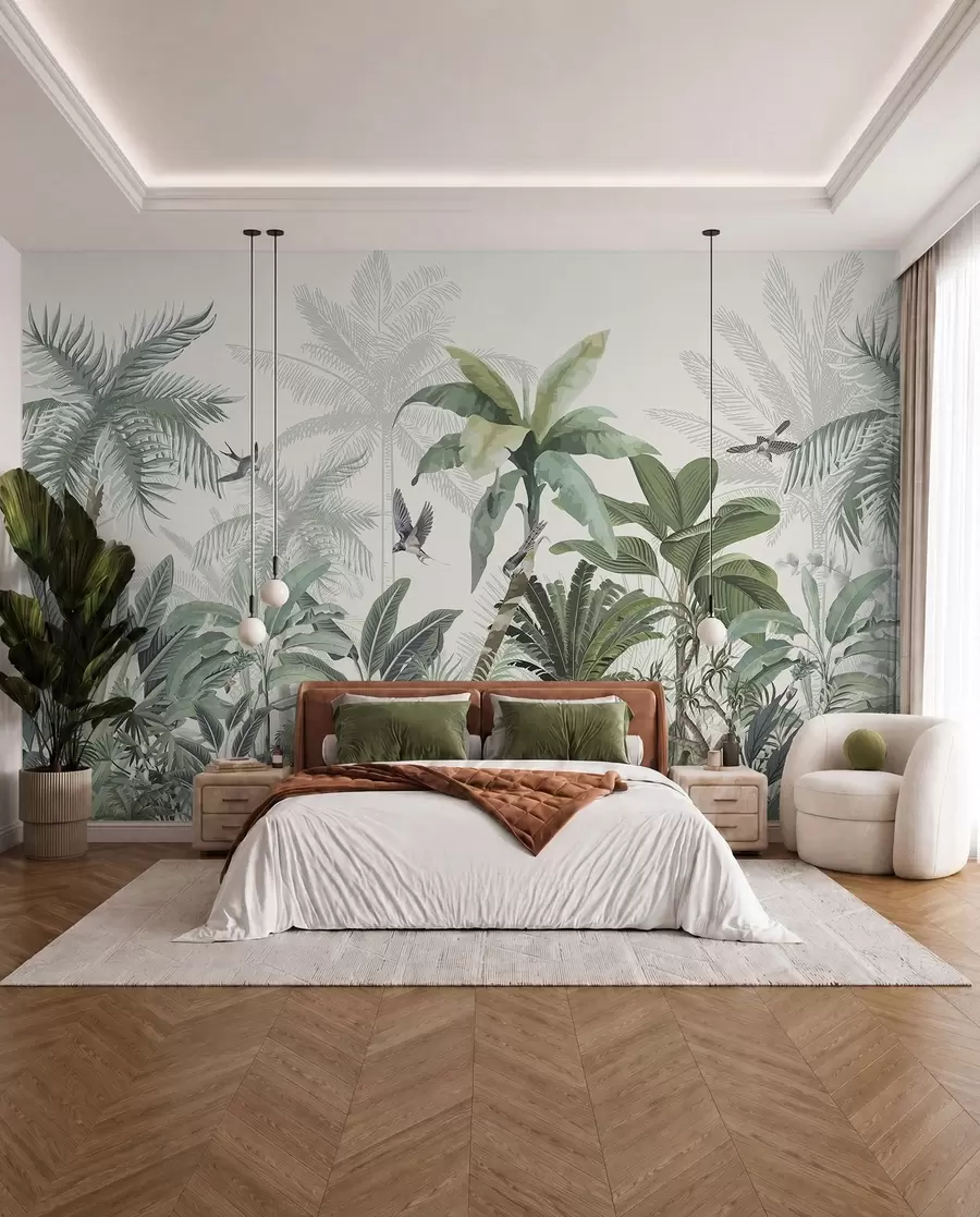 wall murals Бујна сцена тропске џунгле са разним палмама, великим лишћем и шареним цвећем у првом плану w08239