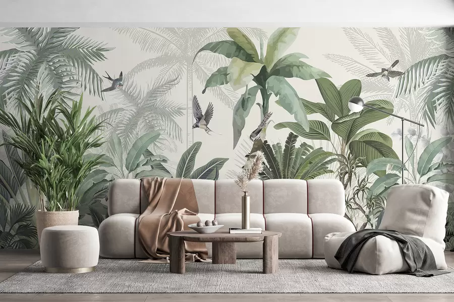 wall murals Бујна сцена тропске џунгле са разним палмама, великим лишћем и шареним цвећем у првом плану w08239
