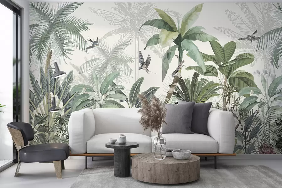wall murals Бујна сцена тропске џунгле са разним палмама, великим лишћем и шареним цвећем у првом плану w08239