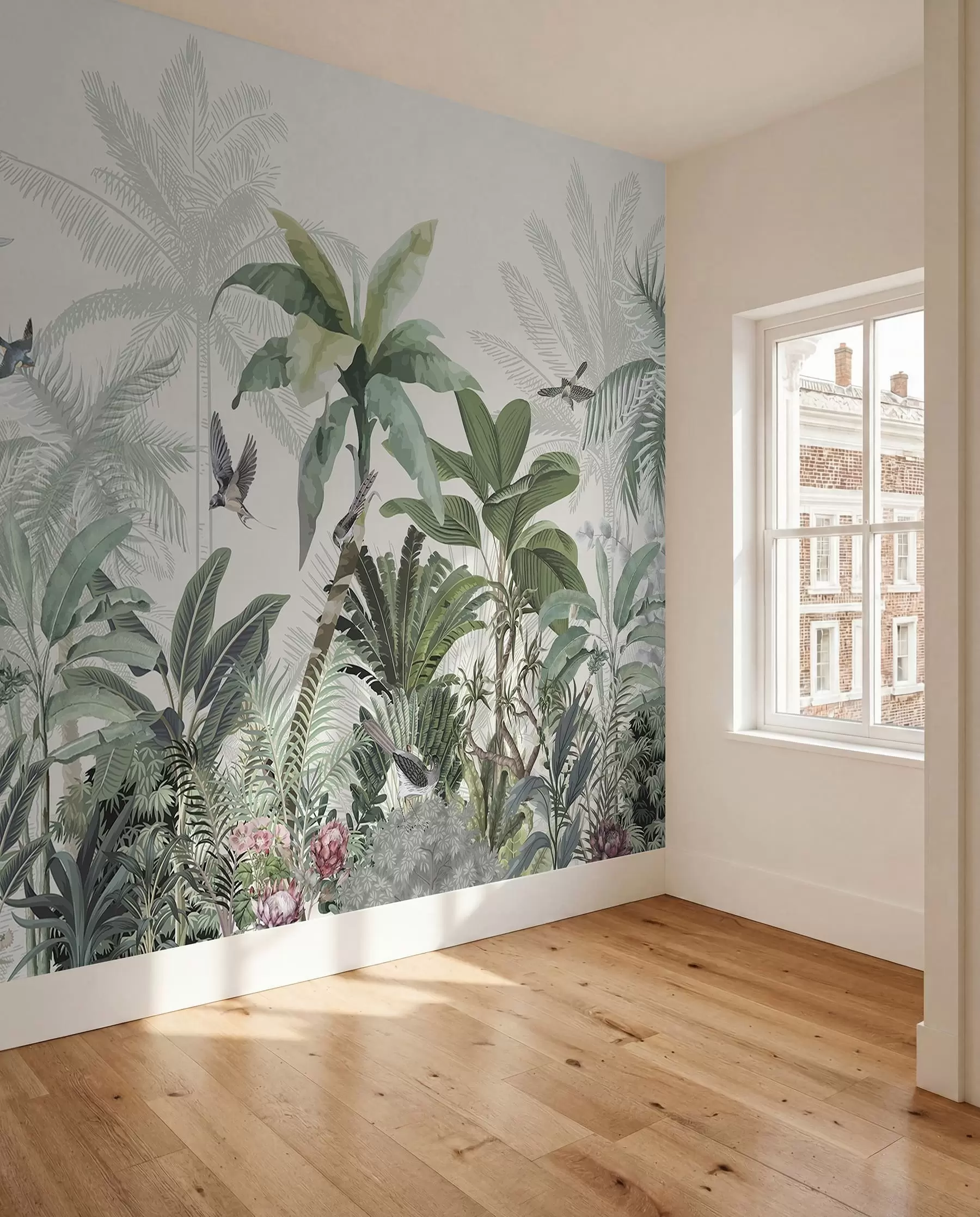 wall murals Бујна сцена тропске џунгле са разним палмама, великим лишћем и шареним цвећем у првом плану w08239