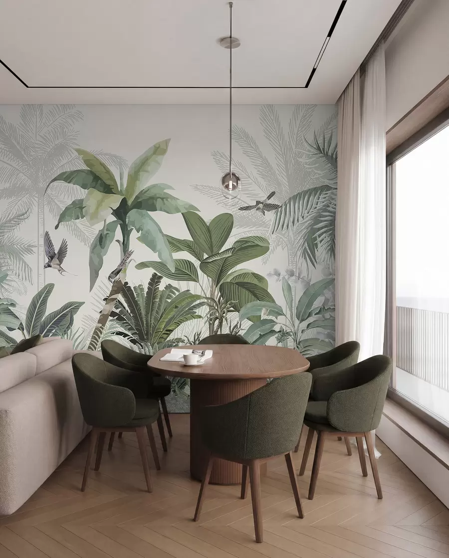 wall murals Бујна сцена тропске џунгле са разним палмама, великим лишћем и шареним цвећем у првом плану w08239