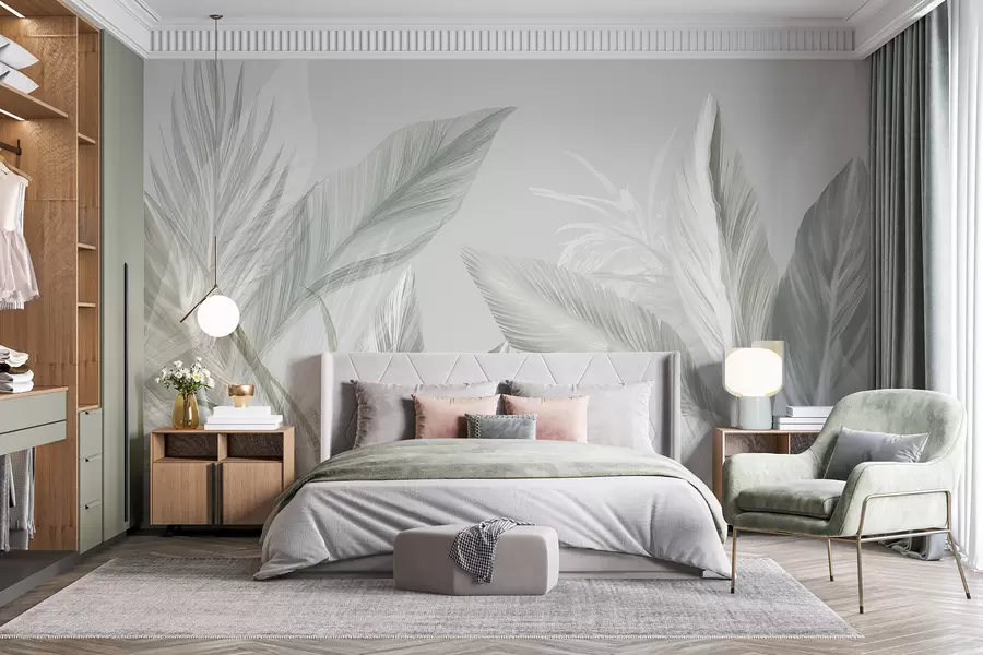 wall murals Меко бело, зелено и сиво перје и тропско лишће које лебди на светлој позадини w08241
