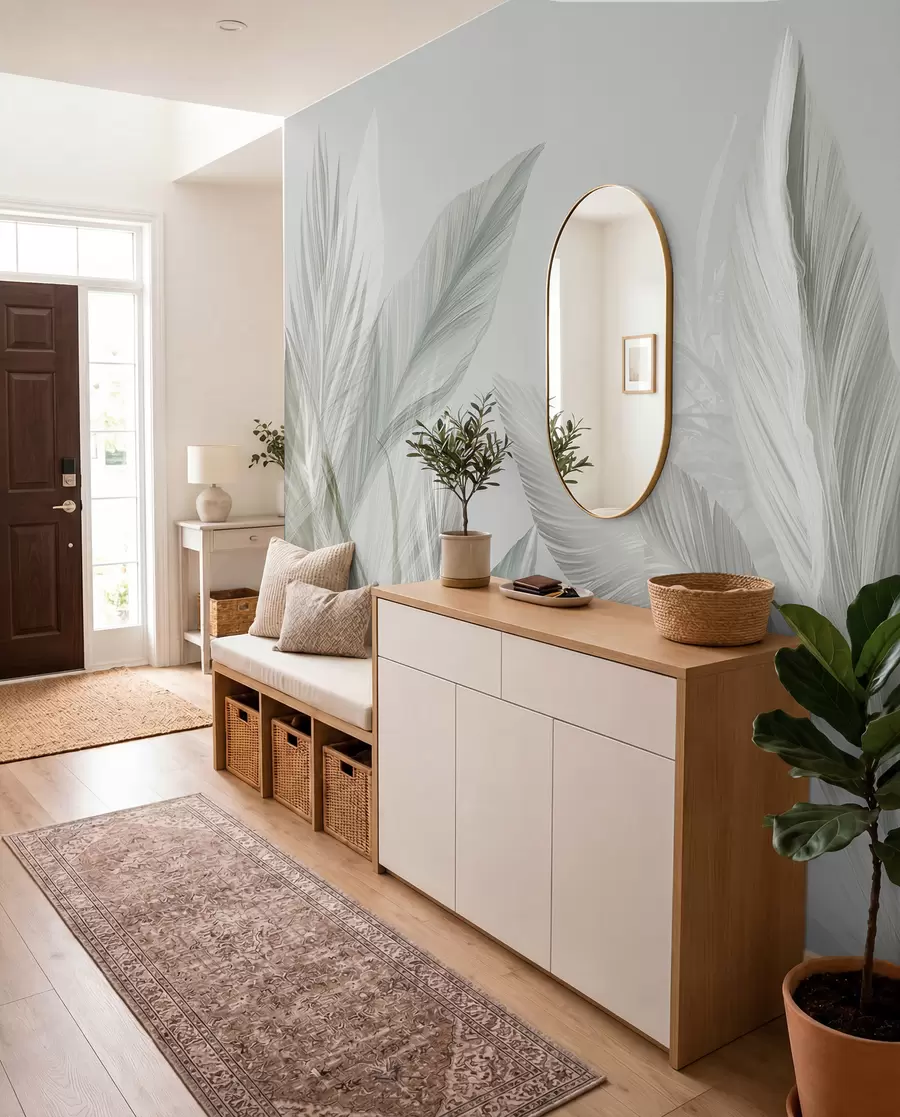 wall murals Меко бело, зелено и сиво перје и тропско лишће које лебди на светлој позадини w08241