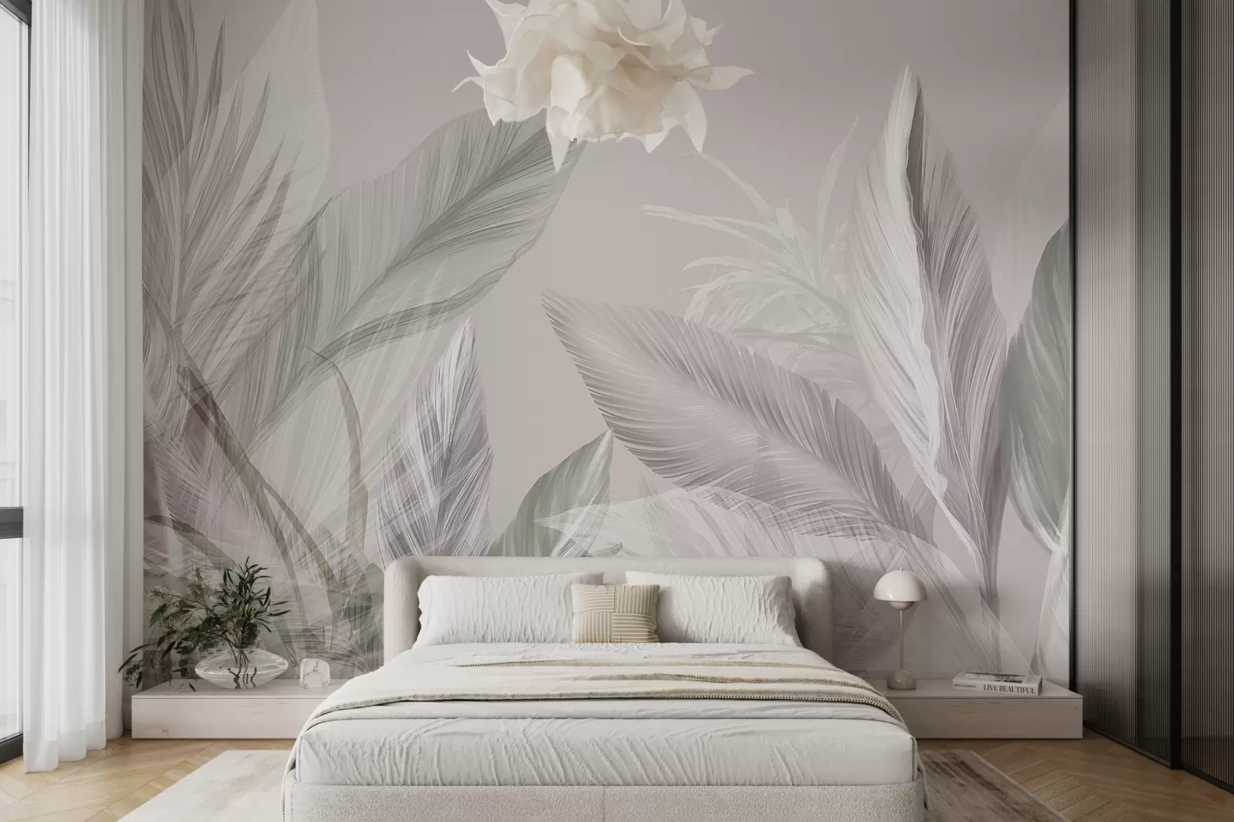 wall murals Меко бело, розе и сиво перје и тропско лишће које лебди на светлој позадини w08241v1