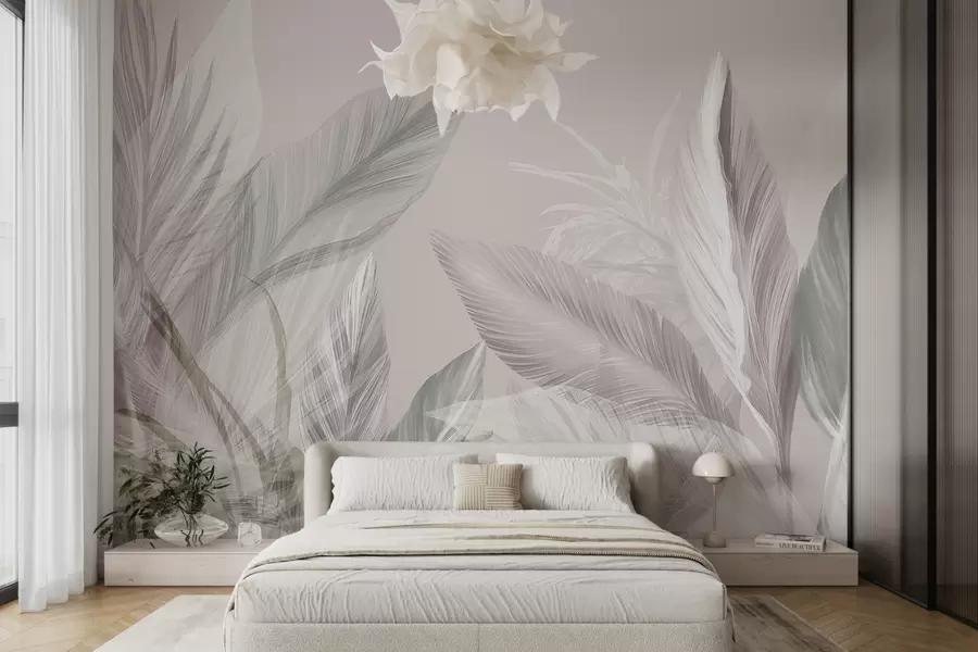 wall murals Меко бело, розе и сиво перје и тропско лишће које лебди на светлој позадини w08241v1