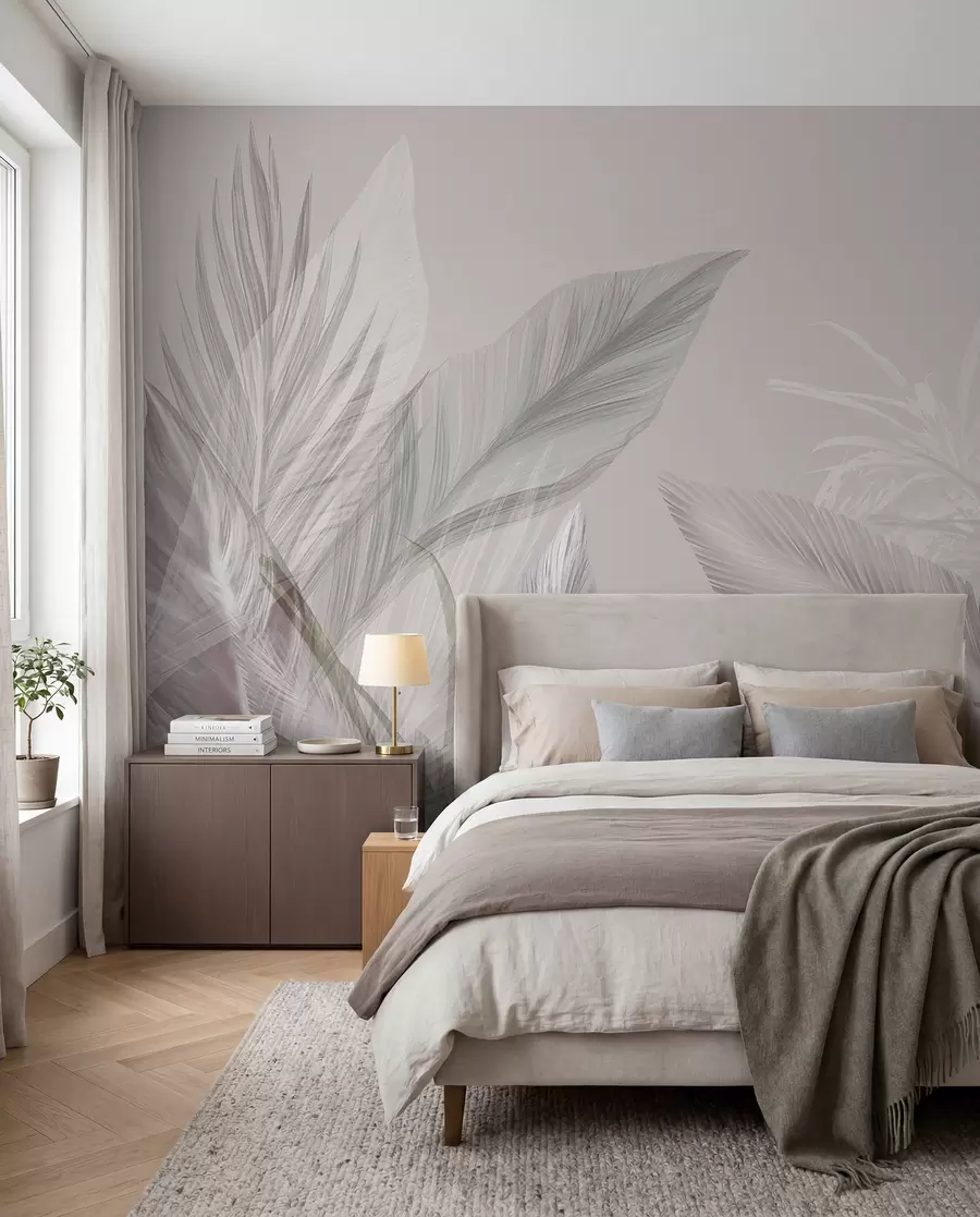 wall murals Меко бело, розе и сиво перје и тропско лишће које лебди на светлој позадини w08241v1