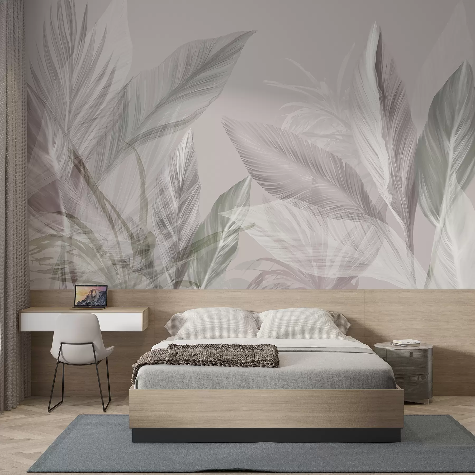 wall murals Меко бело, розе и сиво перје и тропско лишће које лебди на светлој позадини w08241v1