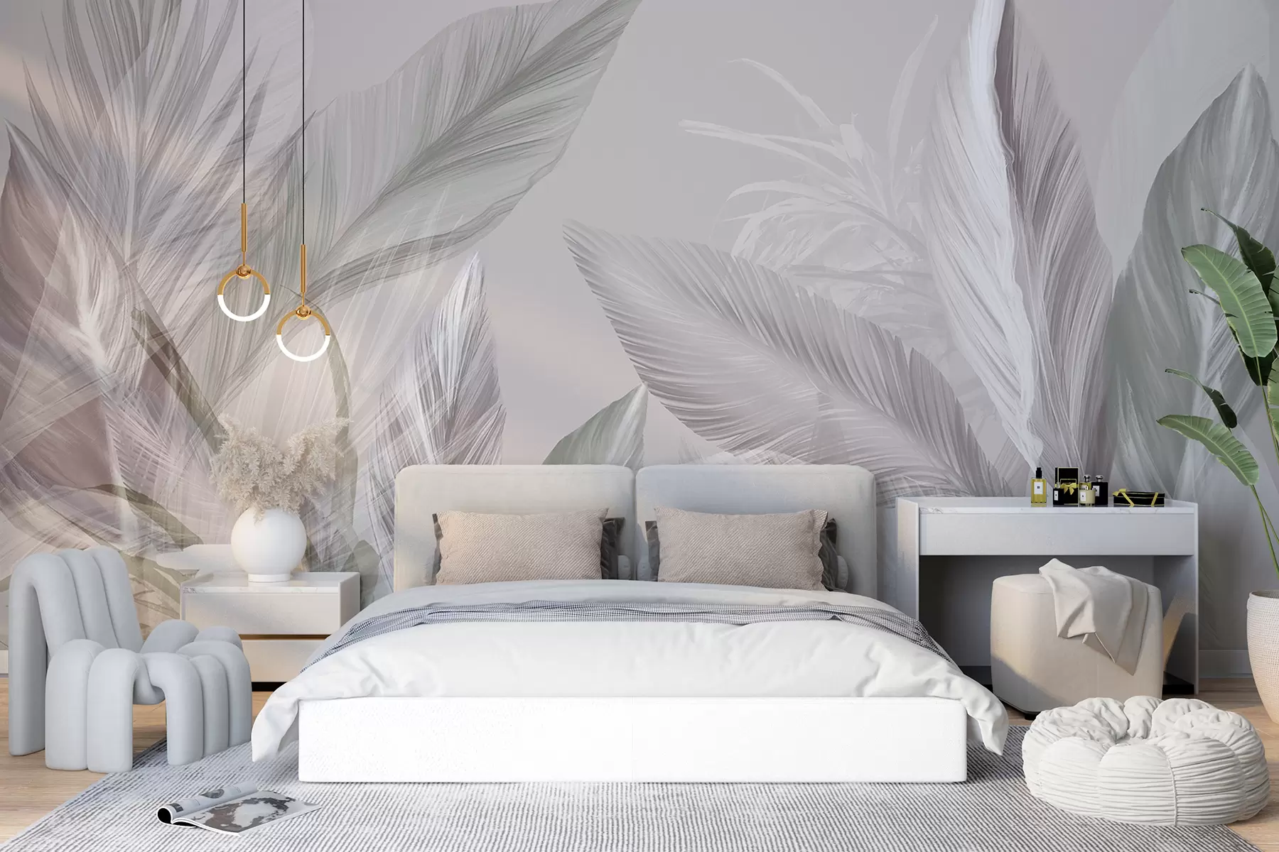 wall murals Меко бело, розе и сиво перје и тропско лишће које лебди на светлој позадини w08241v1