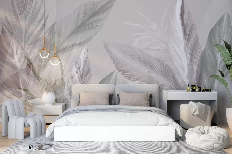 wall murals Меко бело, розе и сиво перје и тропско лишће које лебди на светлој позадини w08241v1