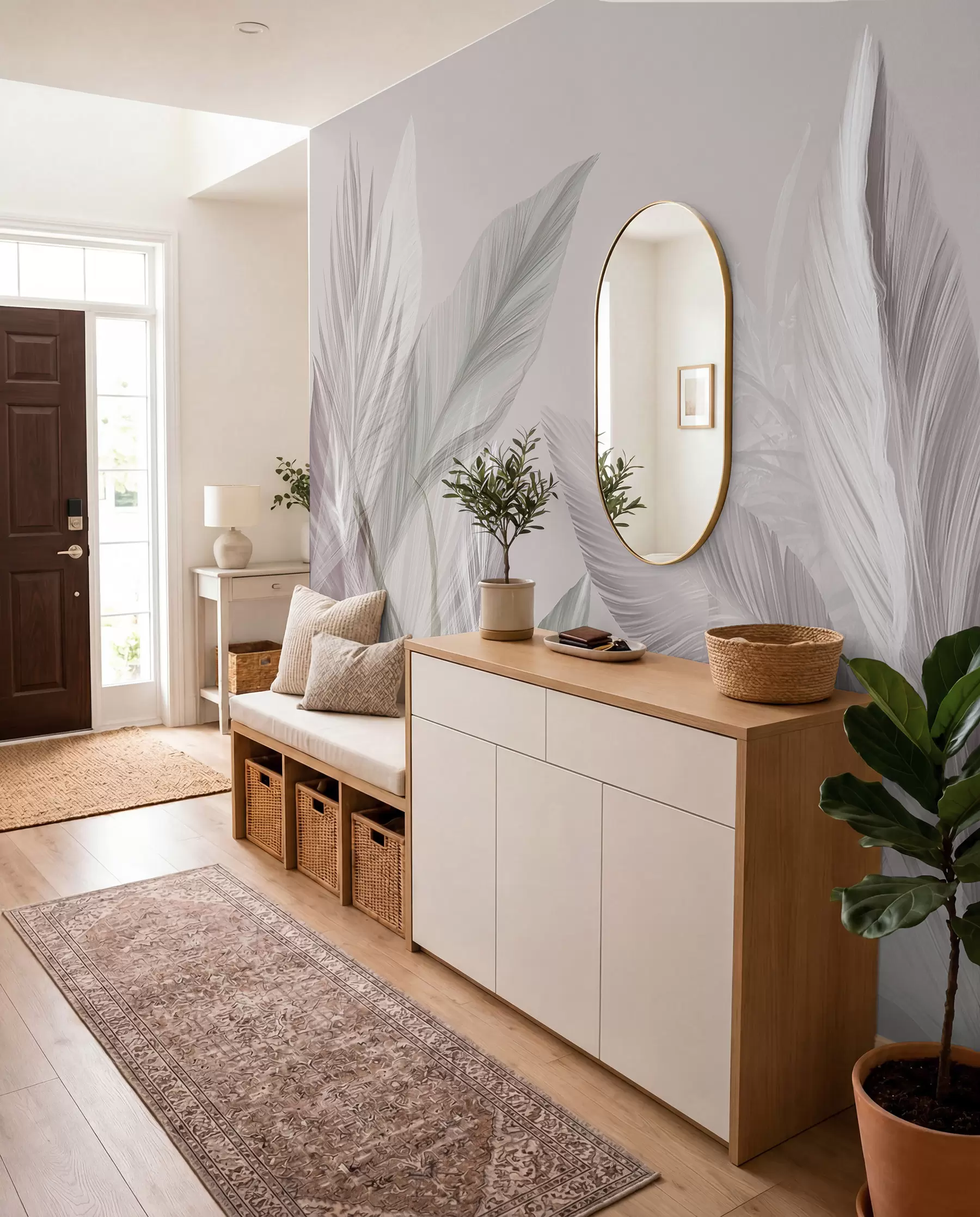 wall murals Меко бело, розе и сиво перје и тропско лишће које лебди на светлој позадини w08241v1