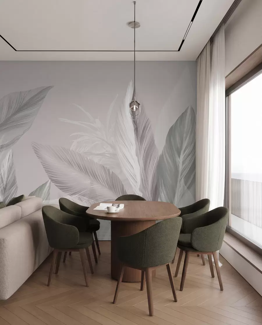 wall murals Меко бело, розе и сиво перје и тропско лишће које лебди на светлој позадини w08241v1