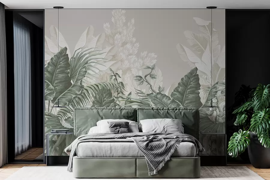 wall murals Сцена тропске џунгле са великим зеленим лишћем и цвећем у првом плану, стварајући бујну атмосферу w08242v1