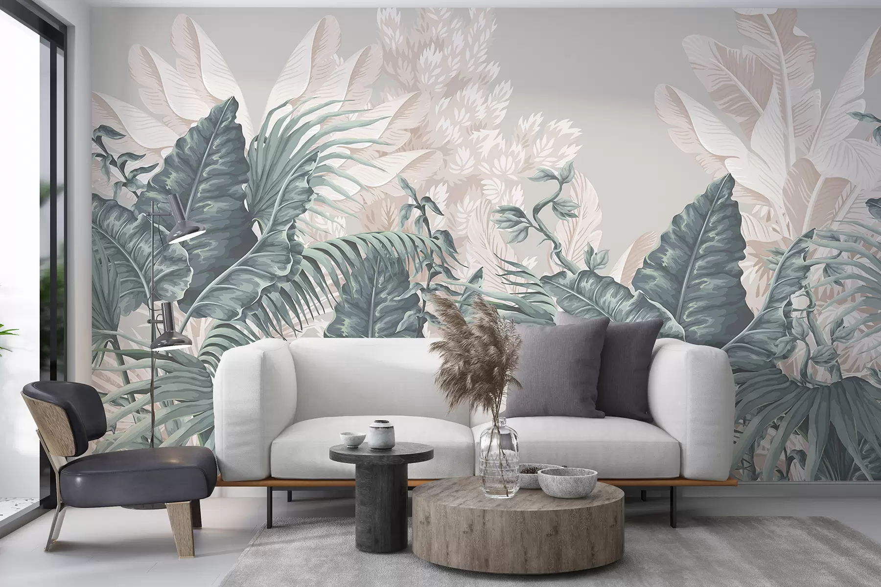 wall murals Сцена тропске џунгле са великим зеленим лишћем и цвећем у првом плану, стварајући бујну атмосферу w08242