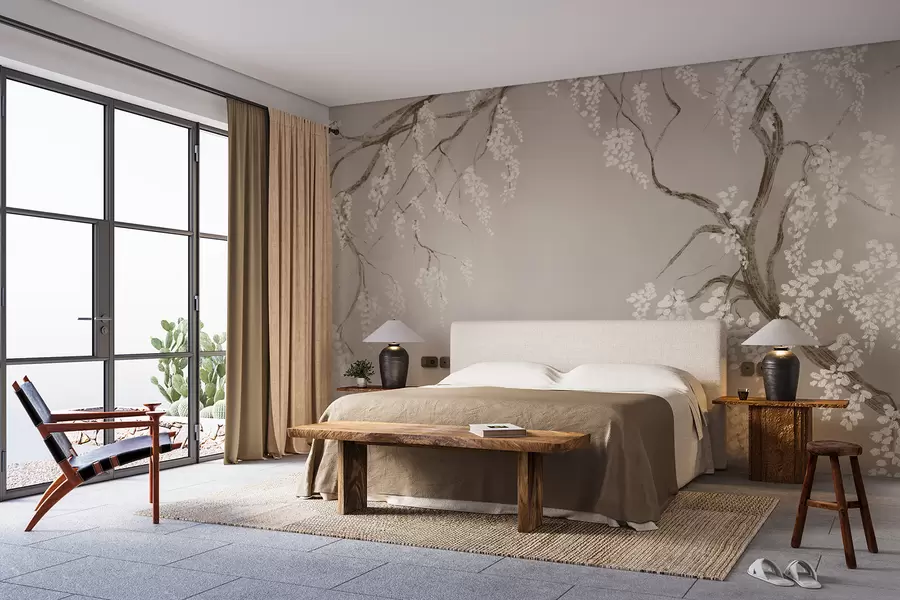 wall murals Нежно бело дрво трешње са цветовима који цветају на гранама на беж позадини w08243