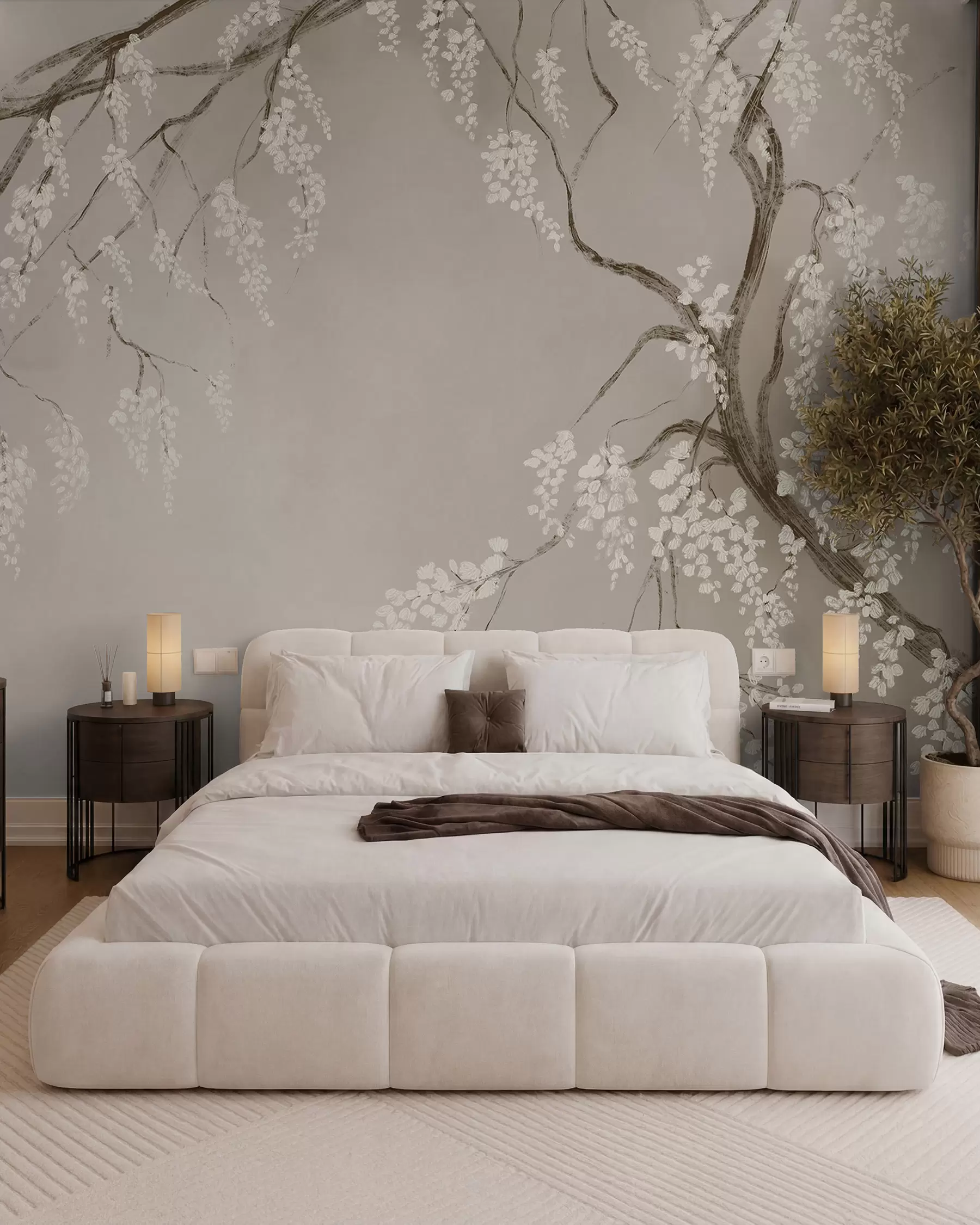 wall murals Нежно бело дрво трешње са цветовима који цветају на гранама на беж позадини w08243