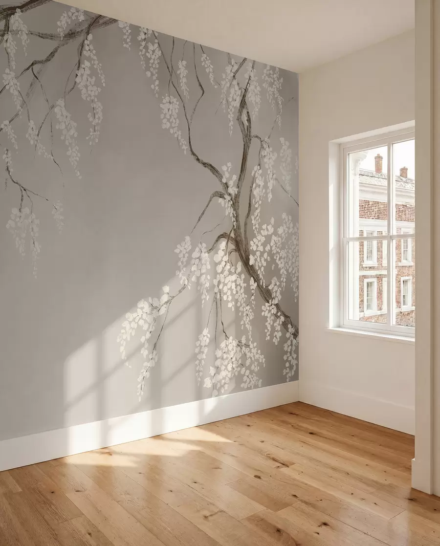 wall murals Нежно бело дрво трешње са цветовима који цветају на гранама на беж позадини w08243