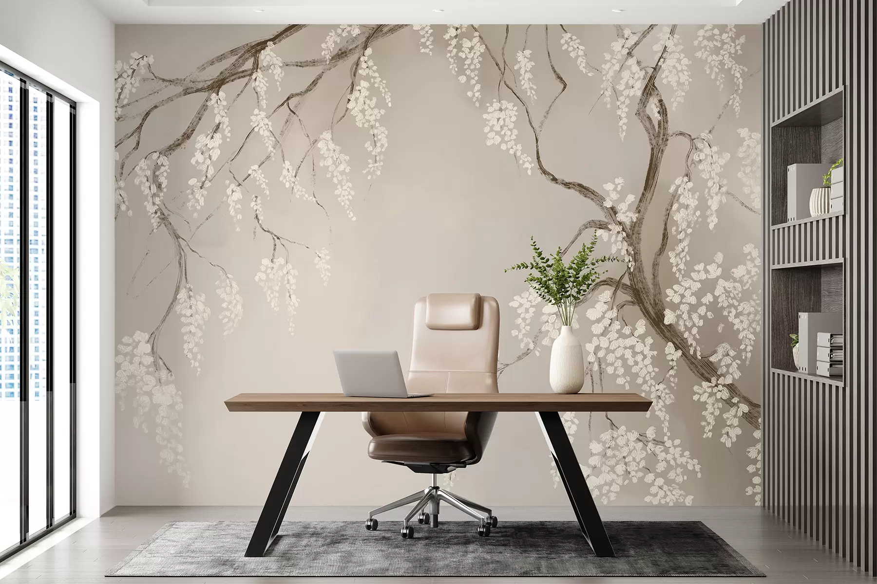 wall murals Нежно бело дрво трешње са цветовима који цветају на гранама на беж позадини w08243