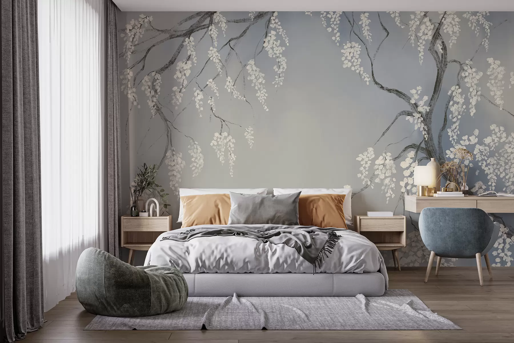 wall murals Нежно бело дрво трешње са цветовима који цветају на гранама на плавој позадини w08243v1