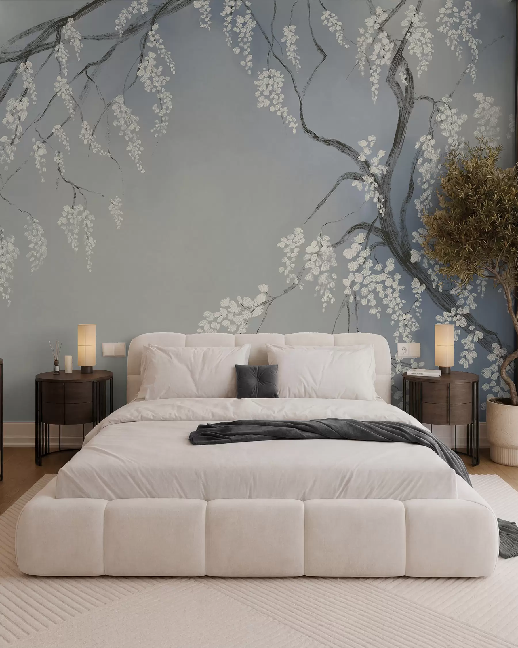 wall murals Нежно бело дрво трешње са цветовима који цветају на гранама на плавој позадини w08243v1