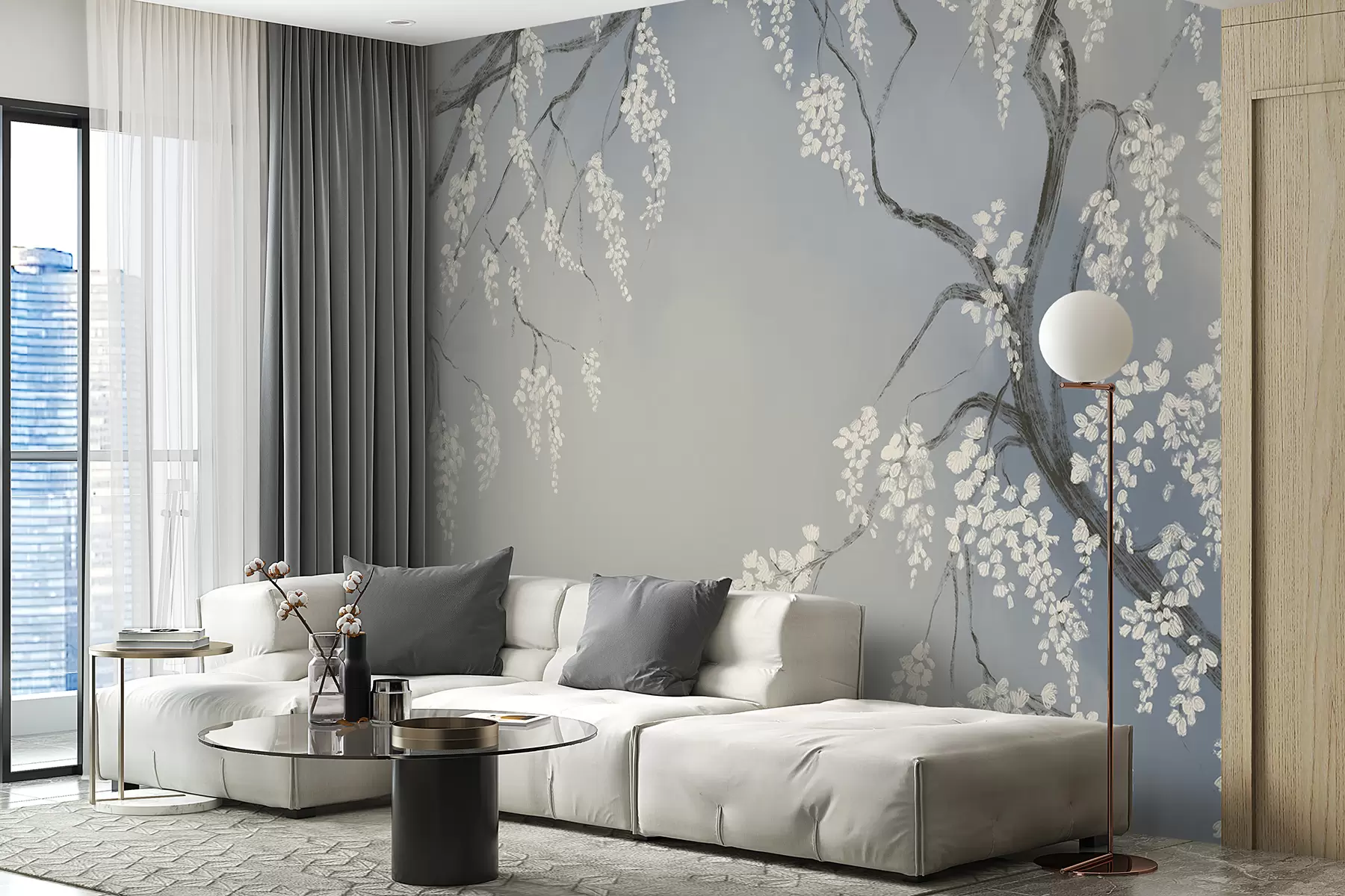 wall murals Нежно бело дрво трешње са цветовима који цветају на гранама на плавој позадини w08243v1