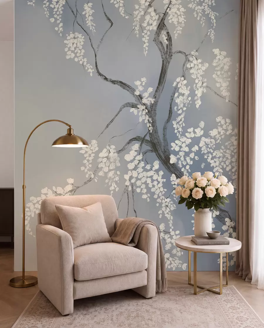 wall murals Нежно бело дрво трешње са цветовима који цветају на гранама на плавој позадини w08243v1
