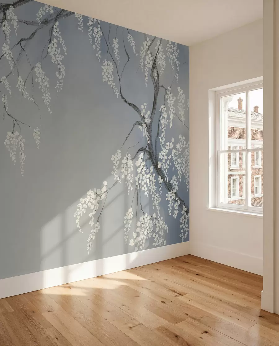 wall murals Нежно бело дрво трешње са цветовима који цветају на гранама на плавој позадини w08243v1