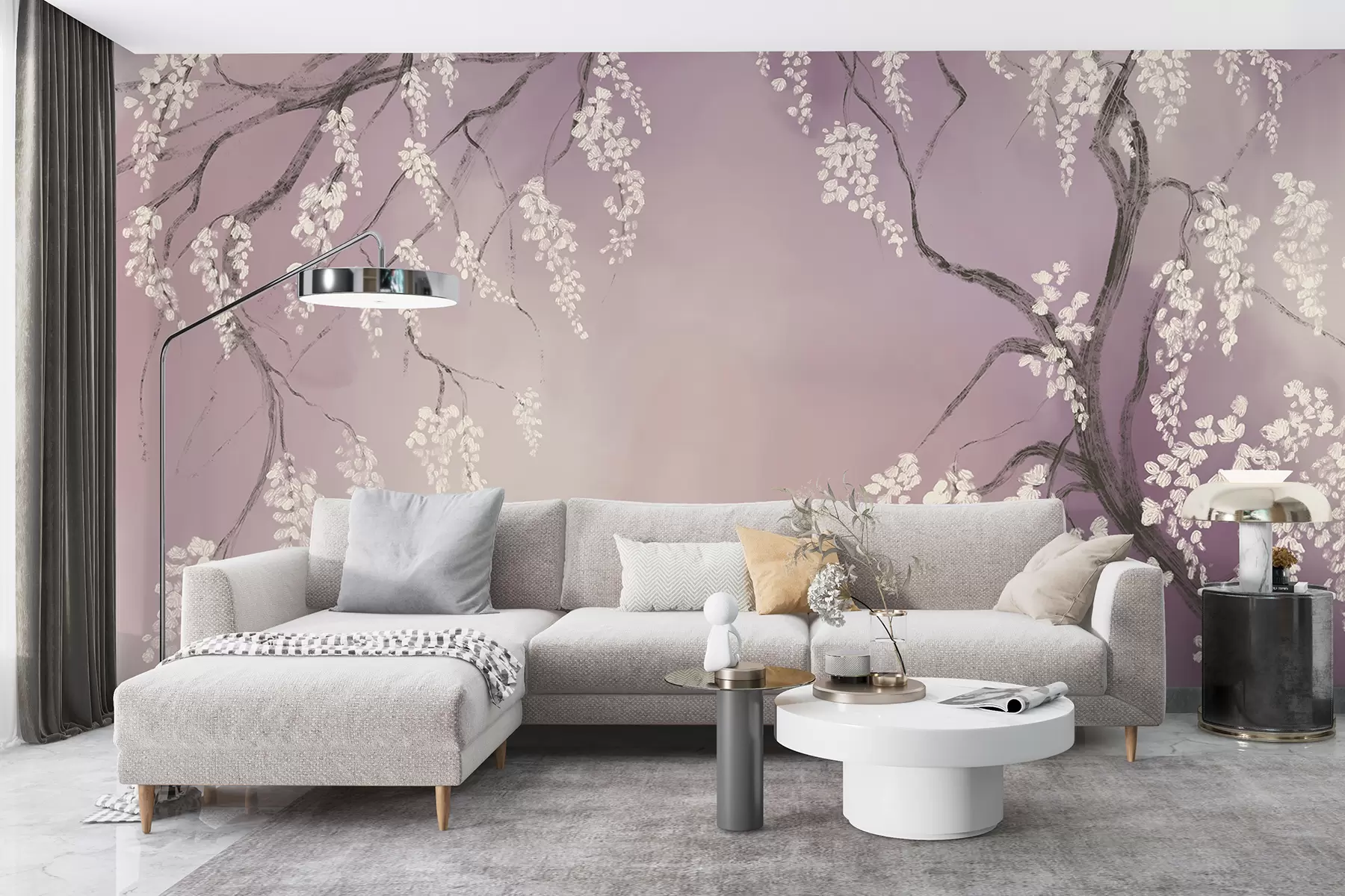 wall murals Нежно бело дрво трешње са цветовима који цветају на гранама на ружичастој позадини w08243v2