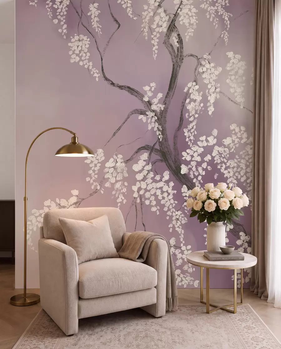 wall murals Нежно бело дрво трешње са цветовима који цветају на гранама на ружичастој позадини w08243v2