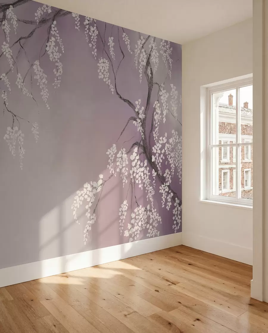 wall murals Нежно бело дрво трешње са цветовима који цветају на гранама на ружичастој позадини w08243v2