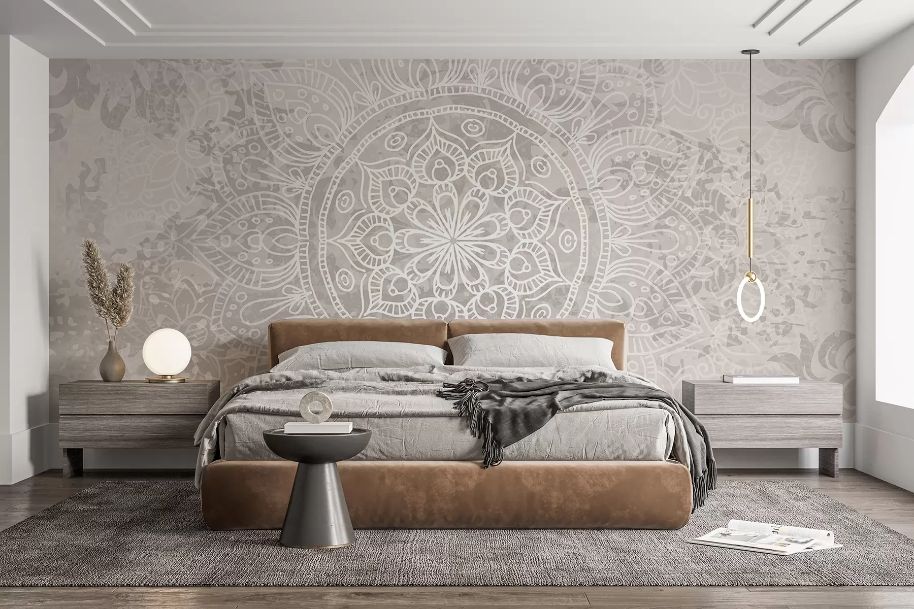 wall murals Детаљан узорак беле мандале на светлосивој винтаге позадини w08246