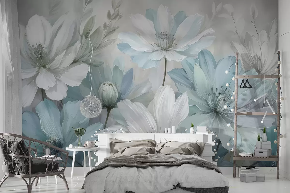 wall murals Крупни план белог и светлоплавог цвећа налик на тратинчице слика уметност са меком, замућеном позадином w08247