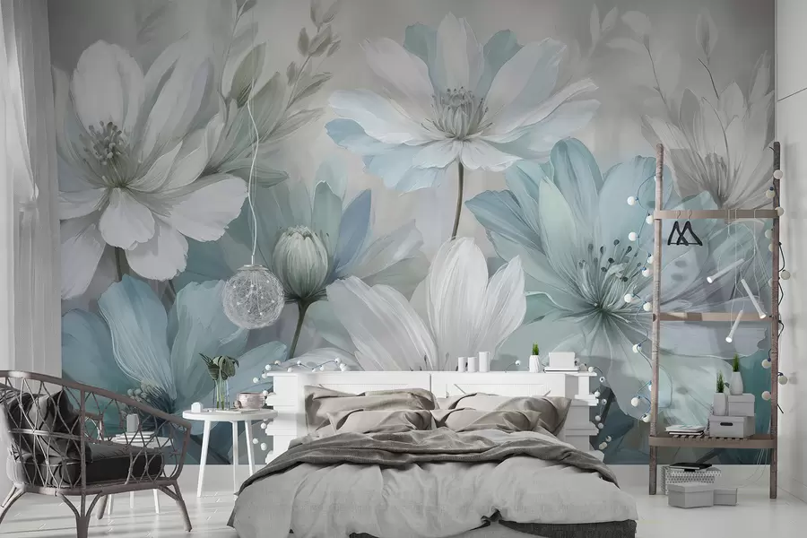 wall murals Крупни план белог и светлоплавог цвећа налик на тратинчице слика уметност са меком, замућеном позадином w08247