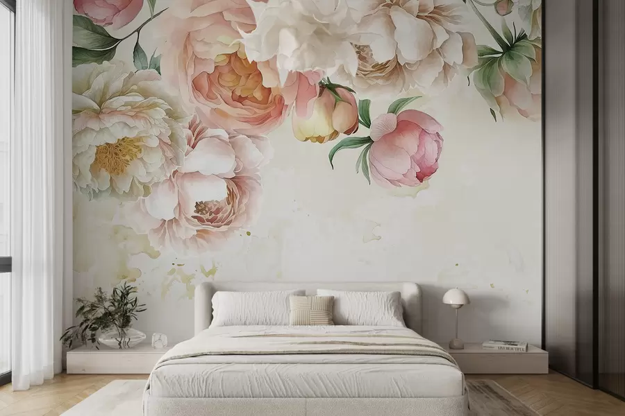 wall murals Нежни ружичасти и бели божури са бујним зеленим листовима на светлој позадини акварела w08248