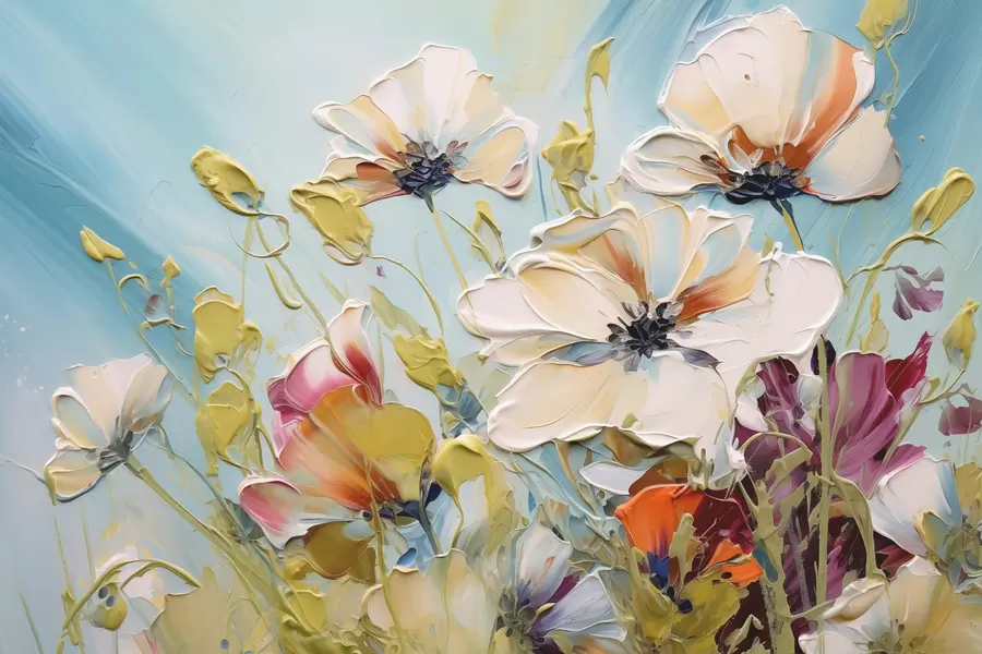 wall murals Апстрактни бели макови на плавој позадини, имитација потеза боје w01043