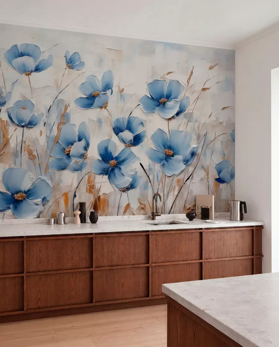 wall murals Плаво цвеће на апстрактној позадини, имитација уљаних потеза w01045