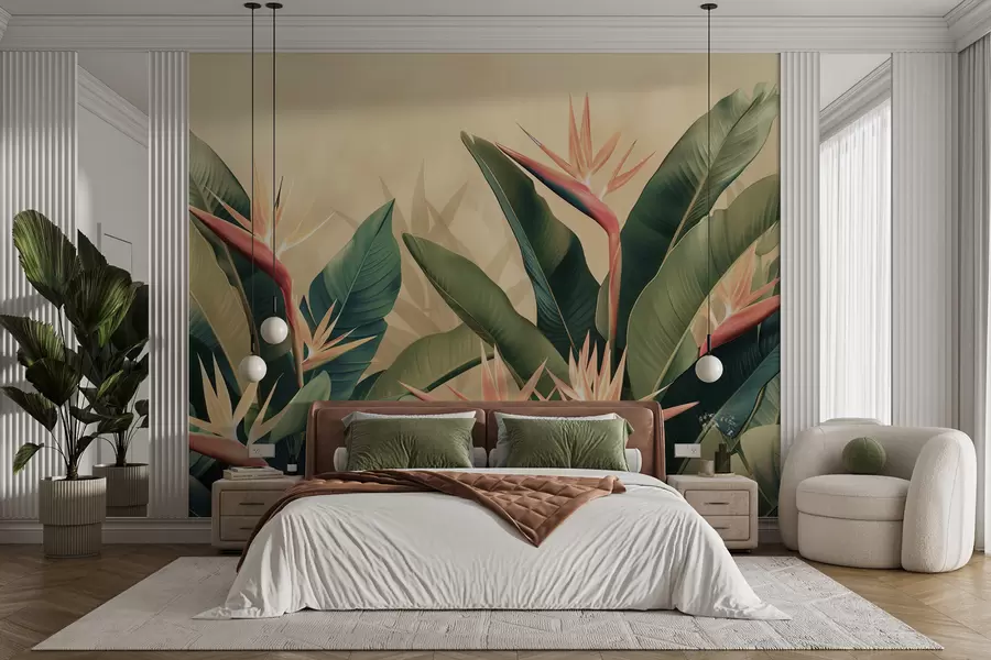 wall murals Бујни аранжман тропског цвећа окружен великим тамнозеленим листовима w01484v1