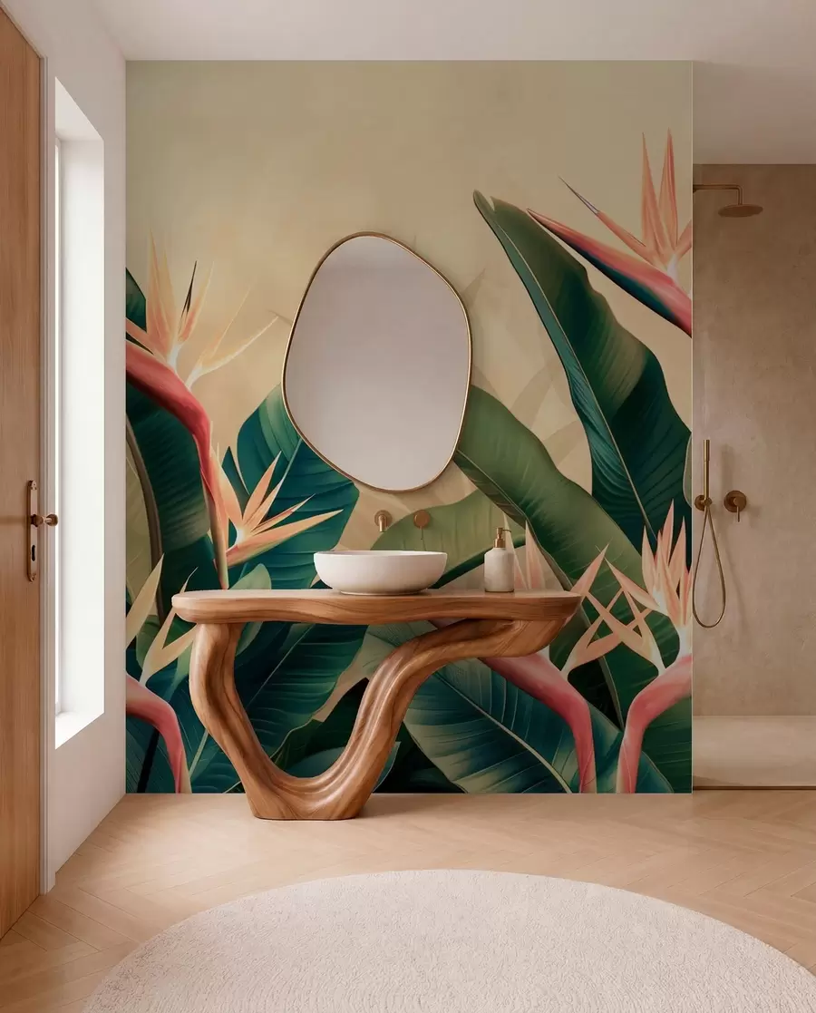 wall murals Бујни аранжман тропског цвећа окружен великим тамнозеленим листовима w01484v1